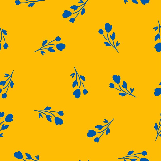 Vector geel naadloos patroon met blauwe bloemen