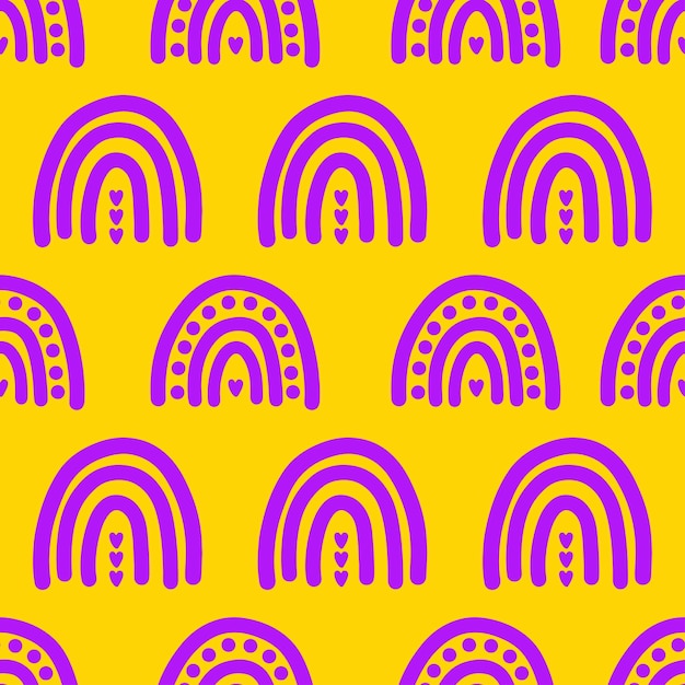Geel naadloos patroon met paarse regenbogen.
