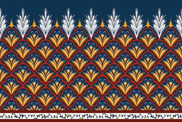 Geel, rood, wit op marineblauw. geometrische etnische oosterse patroon traditioneel ontwerp voor achtergrond, tapijt, behang, kleding, verpakking, batik, stof, vector illustratie borduurstijl.