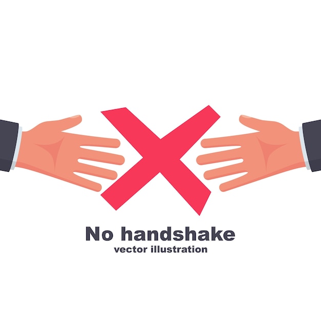 Geen handdruk rood kruisteken van verbod platte pictogram geen deal infectie op handen neem geen contact op geen fysiek contact waarschuwingsbord vectorontwerp voorzorgsmaatregelen en preventie van coronavirusziekte