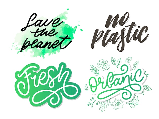 Geen plastic. Hand getekende letters. Motivatie zin. op gele achtergrond. slogan