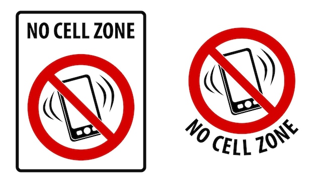 Geen teken van de celzone. Eenvoudige zwarte lijnen tekening van mobiele telefoon symbool in rode gekruiste cirkel. Rechthoekige en ronde uitvoering.