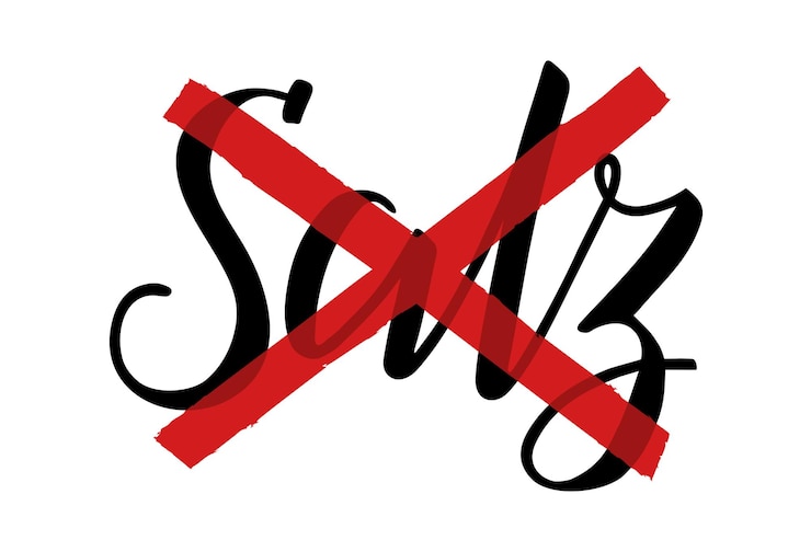 Vector geen zout kein salz het woord salzzout is handgeschreven in het duits en doorgekruist met rode lijnen op een witte achtergrond handlettering vectortekst voedingsinformatie op het voedseletiket