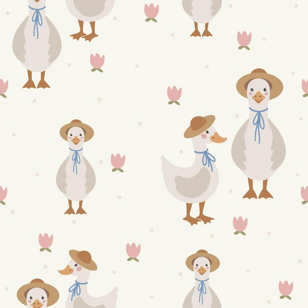 Geese seamless pattern hand drawn cute kids background vintage retro pallete