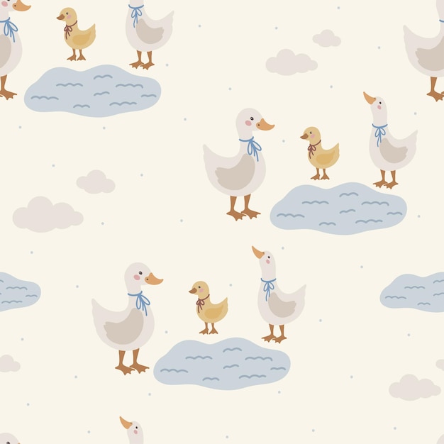 Vector geese seamless pattern hand drawn cute kids background vintage retro pallete