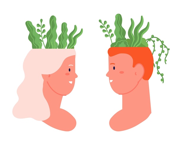 Geest gezondheid concept bloem therapie vrouw mannelijke hersenen ontspannen gelukkig idee geboorte planten in menselijk hoofd geestelijk welzijn volslagen vector metafoor