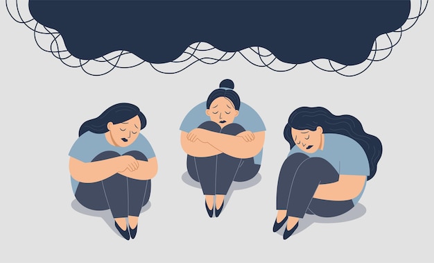 Geestelijk gezondheidsconcept. trieste vrouwen zitten op de vloer. verdrietig en hopeloos lijden aan een depressie. stress en psychische problemen. paniekaanval vrouwen.