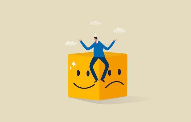Geestelijke gezondheid en emotionele toestand Glimlachgezicht en droevig gezicht Zakenman die een glimlach en een droevig gezicht balanceert Illustratie