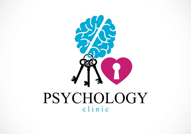 Geestelijke gezondheid en psychologie conceptueel logo of pictogram, psychoanalyse en psychotherapie als sleutel tot het concept van de menselijke geest. Vector eenvoudig klassiek ontwerp.