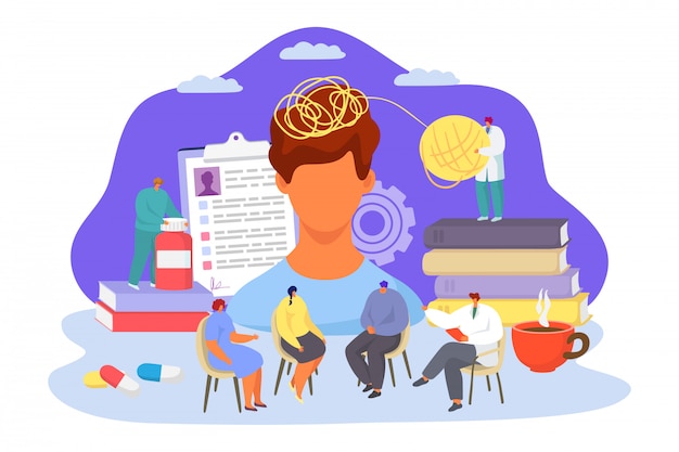 Geestelijke gezondheid professionele arts, illustratie. Groepspsychotherapie, depressiebehandeling. Man aan het werk