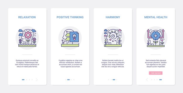 Geestelijke gezondheid, stress of depressiepreventie UX, UI mobiele app-paginaschermset