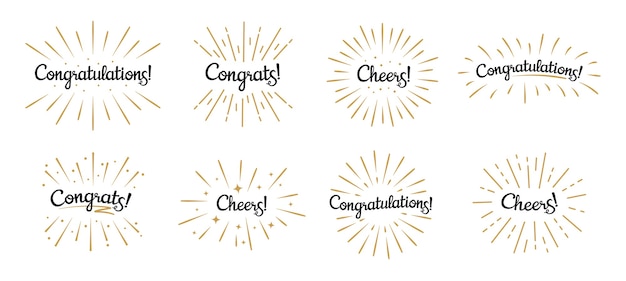 Gefeliciteerd belettering. gefeliciteerd label, cheers viering en felicitatie tekstbadges met gouden uitbarsting