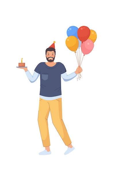 Vector gefeliciteerd kerel. celebrator met cake en ballonnen, vectorillustratie geïsoleerd op een witte achtergrond