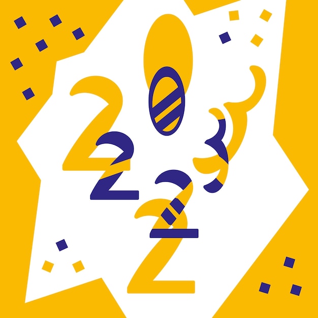 Gefeliciteerd met 2023. Kaart met heldere letters. Gele, blauwe, witte kleuren. Vector sjabloon