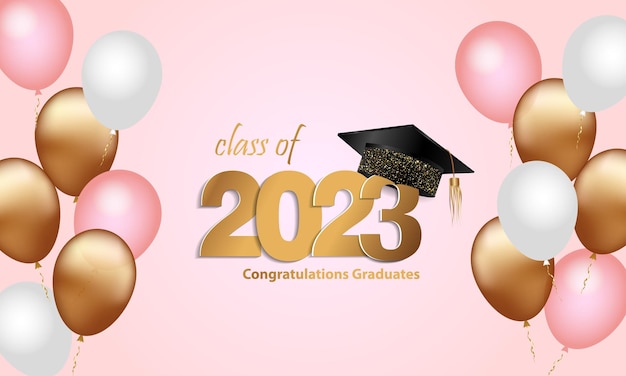 Gefeliciteerd met je afstuderen van school Klasse van 2023 Afstudeerpet confetti en ballonnen Felicitatiebanner Academy of Education School of Learning