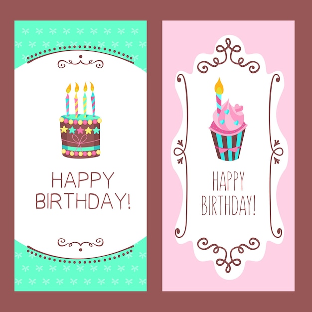 Gefeliciteerd met jouw verjaardag. Mooie schattige taarten en taarten bij kaarslicht. Handgetekende kaders. Vector illustratie.
