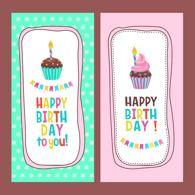 Gefeliciteerd met jouw verjaardag. Mooie schattige taarten en taarten bij kaarslicht. Handgetekende kaders. Vector illustratie.