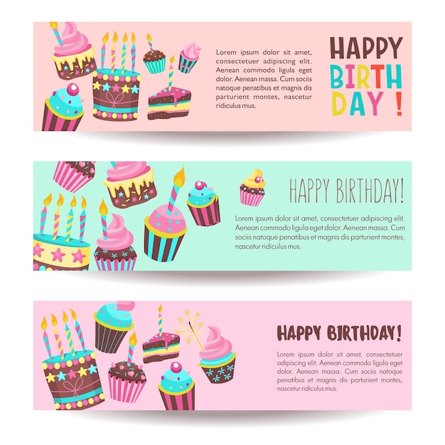 Gefeliciteerd met jouw verjaardag. mooie schattige taarten en taarten bij kaarslicht. vector illustratie.