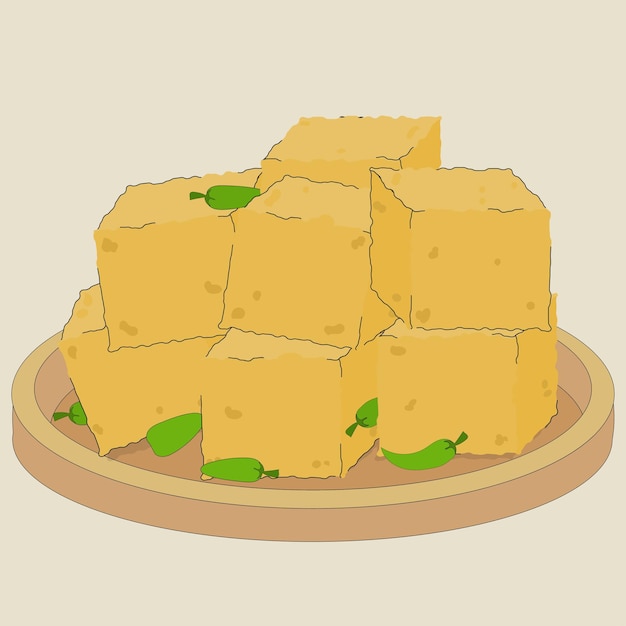 Vector gefrituurde tofu, een indonesische traditionele straatvoedselsnack met groene chili platte vectorillustratie