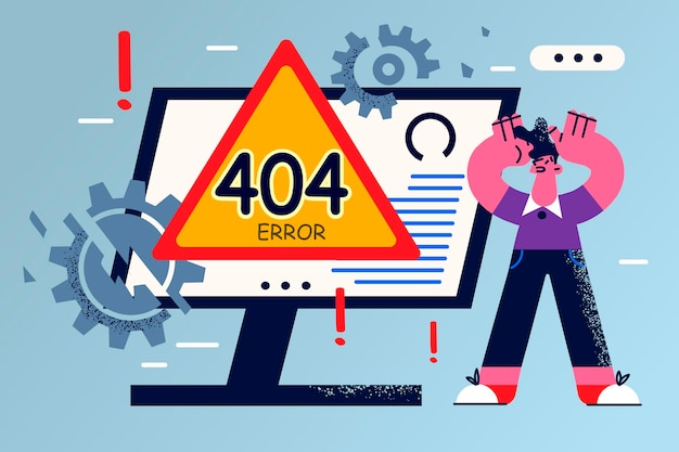 Gefrustreerde man heeft fout 404 op het computerscherm, verontrust door een storing of storing van het apparaat. Verwarde man gestrest geschokt door operationele fout op pc. Vector illustratie.