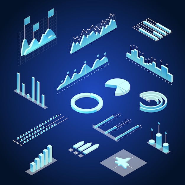 Gegevens financiële grafieken Concept 3d isometrische weergave Inclusief grafiekdiagram groei-elementen en Bar vectorillustratie