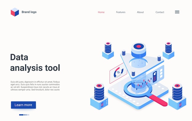 Gegevensanalyse apparatuur tools isometrische bestemmingspagina machine die gegevensrapport analyseert.