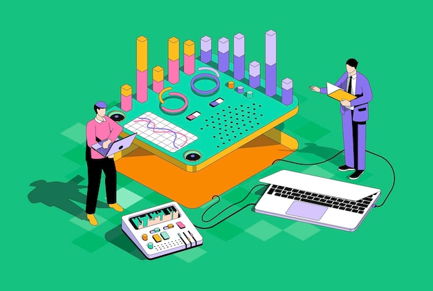 Gegevensanalyse concept in 3d isometrisch ontwerp Mannen maken rapport en marktonderzoek werken met grafieken of grafieken op dashboard op laptops Isometrie vectorillustratie met mensenscène voor webafbeelding
