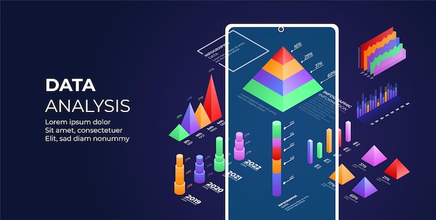 Gegevensanalyse in telefoon online bedrijfsanalysestrategie isometrische vectorillustratie gegevensanalyse