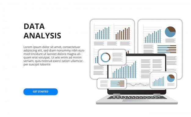 Gegevensanalyse voor het concept van het bedrijfsfinanciënrapport met illustratie van 3d laptop en grafiek