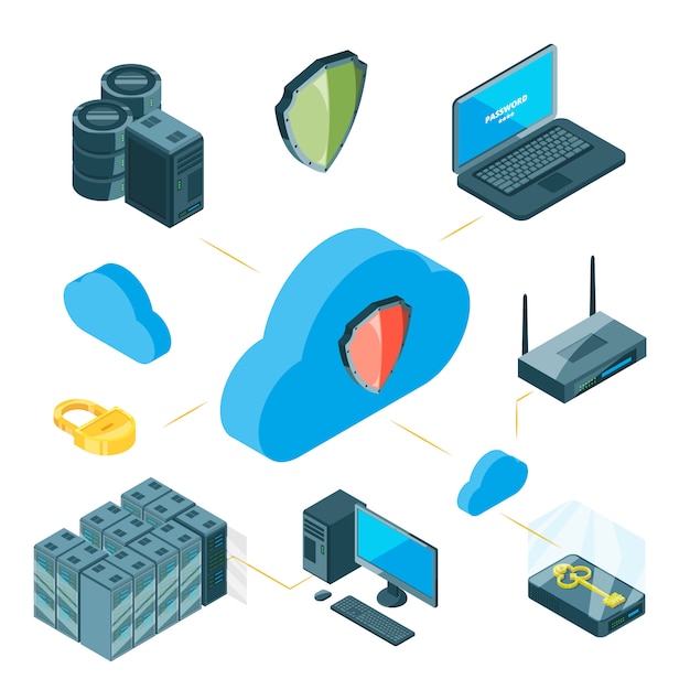 Gegevensbescherming concept. isometrische cloudopslag infographic