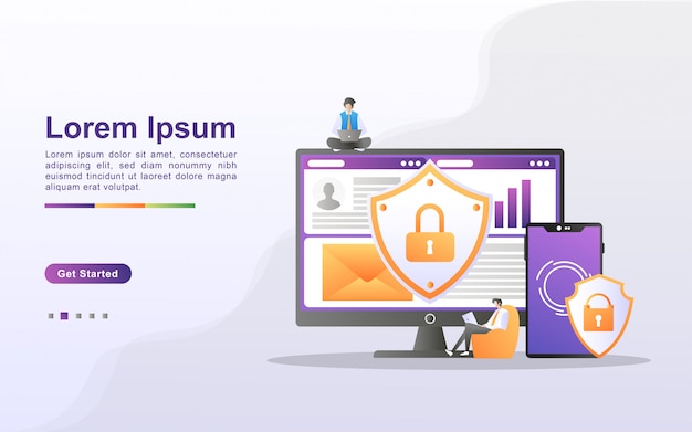 Gegevensbescherming concept. Mensen beveiligen gegevensbeheer en beschermen gegevens tegen aanvallen van hackers. Maak een back-up van belangrijke gegevens en sla deze op. Kan gebruiken voor web-bestemmingspagina, banner, mobiele app.