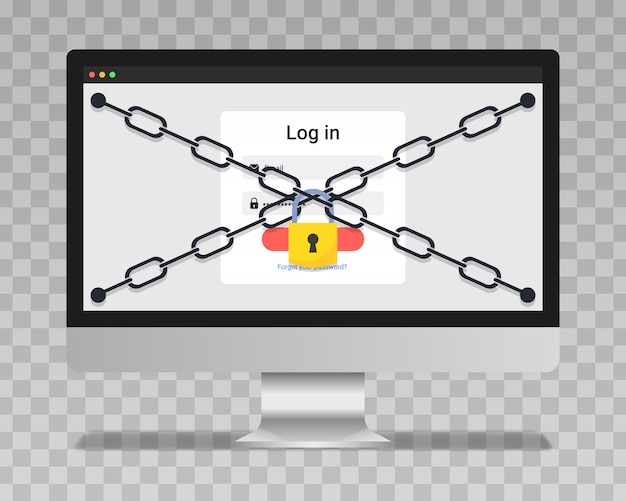 Vector gegevensbescherming, internetbeveiligingsconcept infographic. netwerk beveiligd. chain en lock boven autorisatieformulier op computerscherm. illustratie.