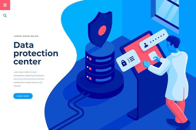 Gegevensbeschermingscentrum isometrische vectorillustratie voor koptekstsjabloon voor bestemmingspagina's of webbanner met kopieerruimte voor tekst mannelijke karakteringenieur in datacenterruimte interactie met servercomputer
