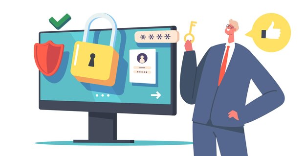 Gegevensbeschermingsconcept mannelijk karakter met sleutel in de buurt van computer met sterke wachtwoordbeveiliging of privacy op internet
