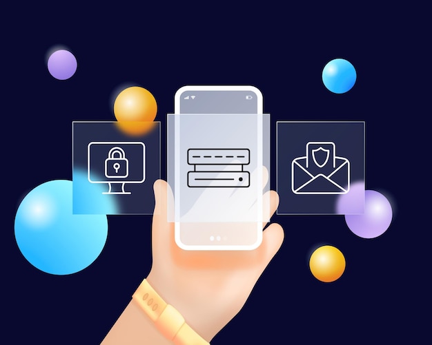 Gegevensbeveiliging ingesteld pictogram Schild met slotsymbool bescherming van digitale gegevens Informatiebeveiliging vertrouwelijkheid Privacyconcept Glassmorphism UI telefoon app-schermen Vectorlijnpictogram voor bedrijven