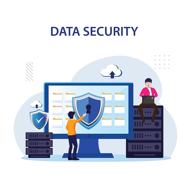 Gegevensbeveiligingsconcept Mensen werken op het scherm om gegevens en bestanden platte vector te beschermen