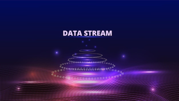 Gegevensstroom achtergrond Binaire code cirkelstroom Abstracte muziekgolf Wetenschapstechnische codering Getallen en punten Glow sparkles Een of nul symbolen Digitaal programma patroon Vector 3D behang
