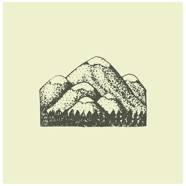 Gegraveerd vintage logo met bergen in de hand getekende schets stijl oud uitziende retro badge voor nationale parken en kamperen alpine en wandelen thema