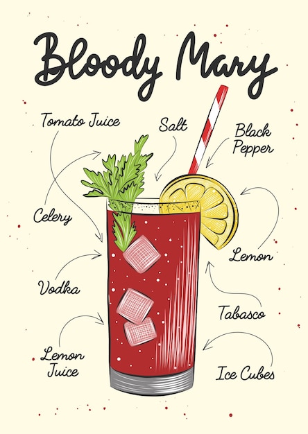 Vector gegraveerde bloody mary alcoholische cocktail hand getrokken schets belettering en recept drank ingrediënten