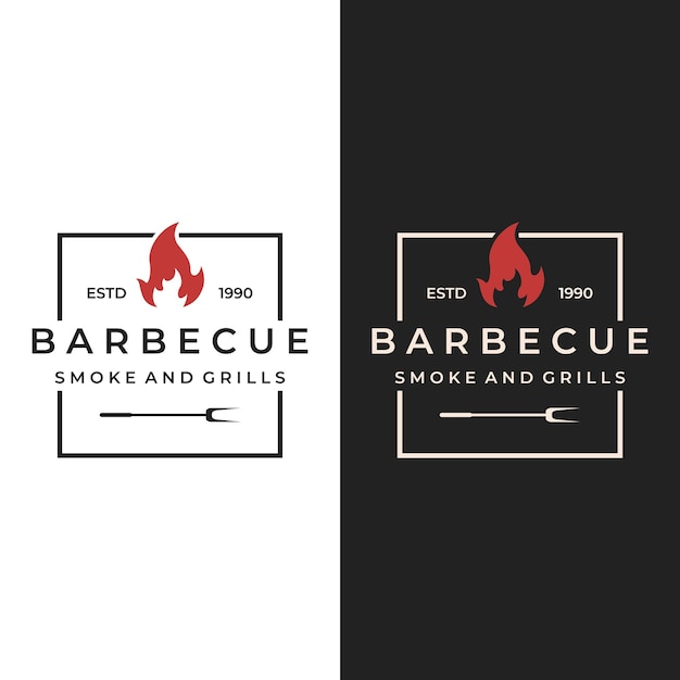 Gegrilde barbecue typografie Logo-ontwerp met gekruist vuur en spatelLogo's voor restaurants, cafés en bars