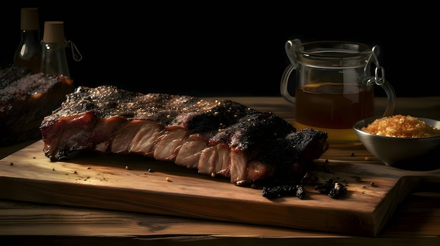 Vector gegrilde biefstuk met rozemarijn lamskoteletjes varkensribbetjes keuken houten plank snijden
