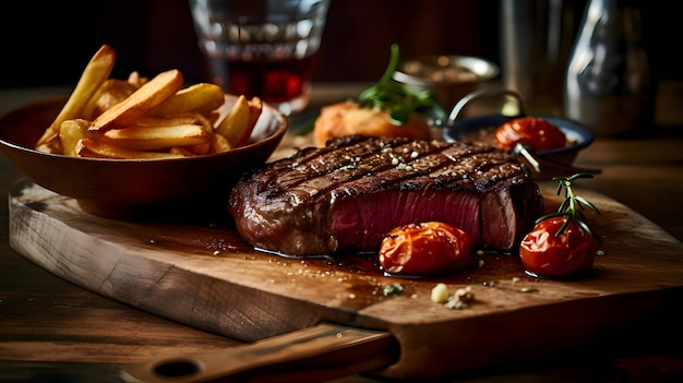 Gegrilde biefstuk met tomatenfriet en wijn op een houten snijplank