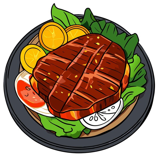 Vector gegrilde kippenfilets en zoete peper op een vectorillustratie van een bord