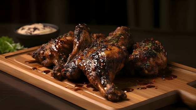 Vector gegrilde kippenvleugels op de grill geroosterde kip met rozemarijn gebakken kippendijen op een houten bord