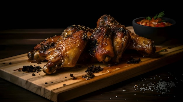 Gegrilde kippenvleugels op de grill geroosterde kip met rozemarijn gebakken kippendijen op een houten bord