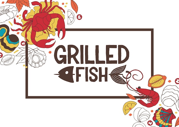Vector gegrilde vis typografie poster tekst gegrilde vis op gestructureerde achtergrond voor menu restaurant keuken