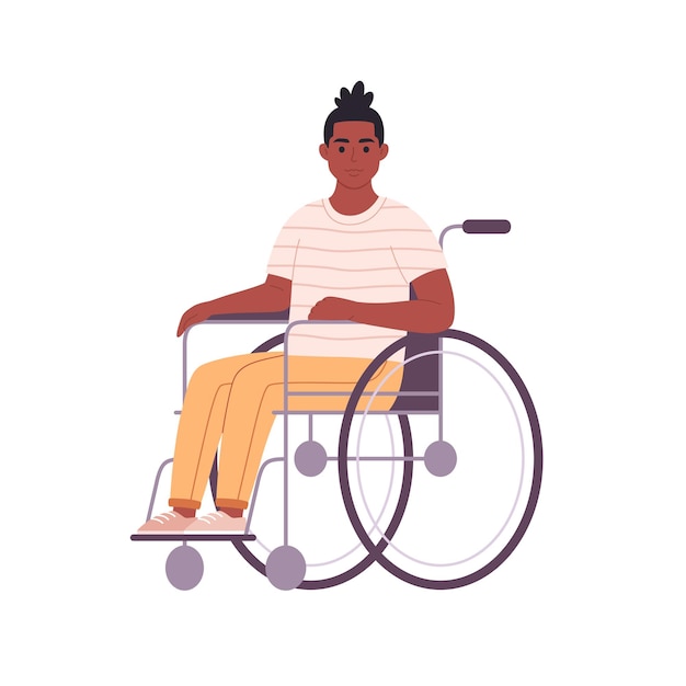 Gehandicapte jonge zwarte man zit in een rolstoel. Mannelijk personage met een lichamelijke handicap.
