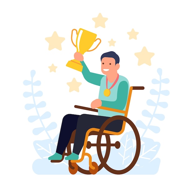 Gehandicapte man in rolstoel houdt winnaarsbeker vast Verlamde persoon met beloning Gehandicapte man wint competitie Prijsuitreiking Paralympische kampioen Gelijke toegankelijkheid Vectorconcept