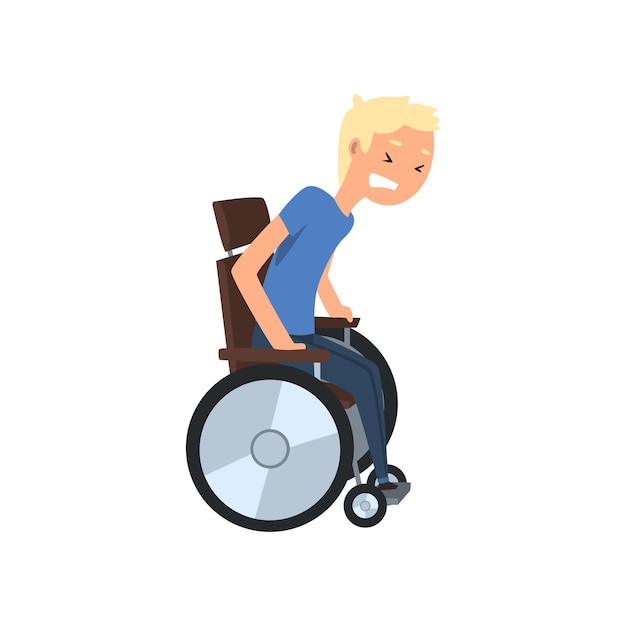 Gehandicapte man probeert uit rolstoel op te staan rehabilitatie van gehandicapten concept vector illustratie geïsoleerd op een witte achtergrond