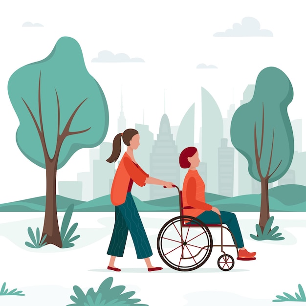 Gehandicapte vrouw in rolstoel wandelen in het stadspark met een begeleidende persoon. buiten activiteit. maatschappelijk werker of vrijwilliger bij senioren.